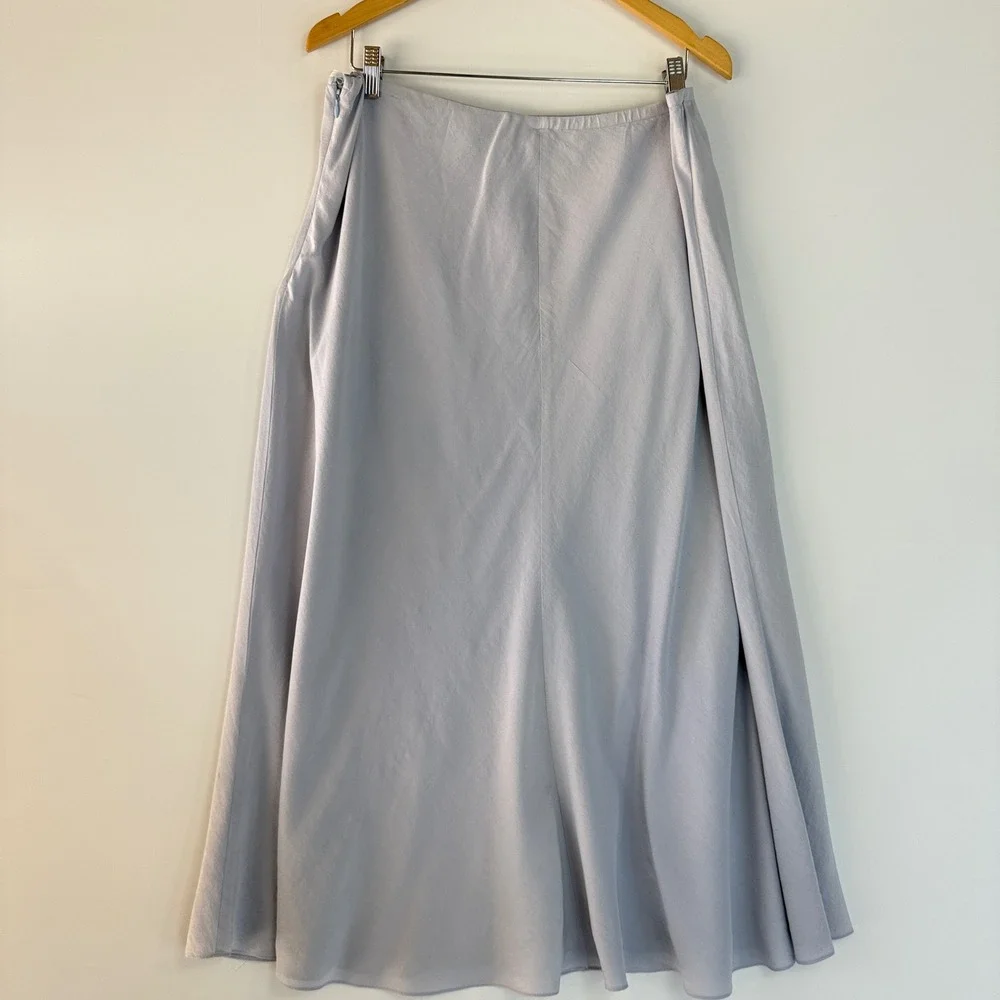 Eileen Fisher 100% Silk Midi Skirt Women 1X Light Blue Grey A-Line Elastic Waist